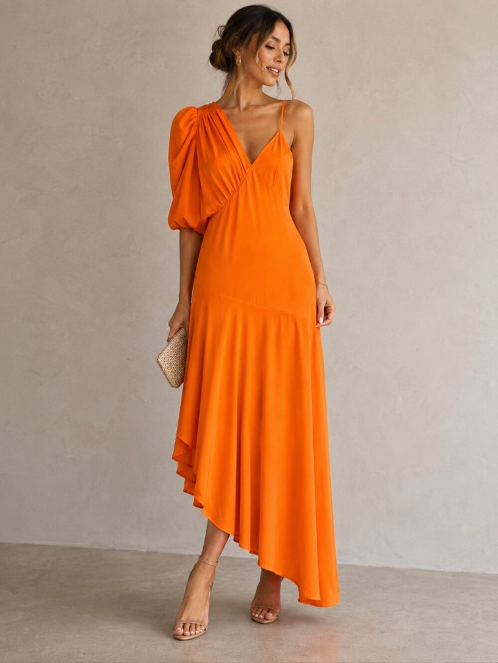 The Drop Dress Womens M Orange One Shoulder Asymmetrical Midi Cocktail